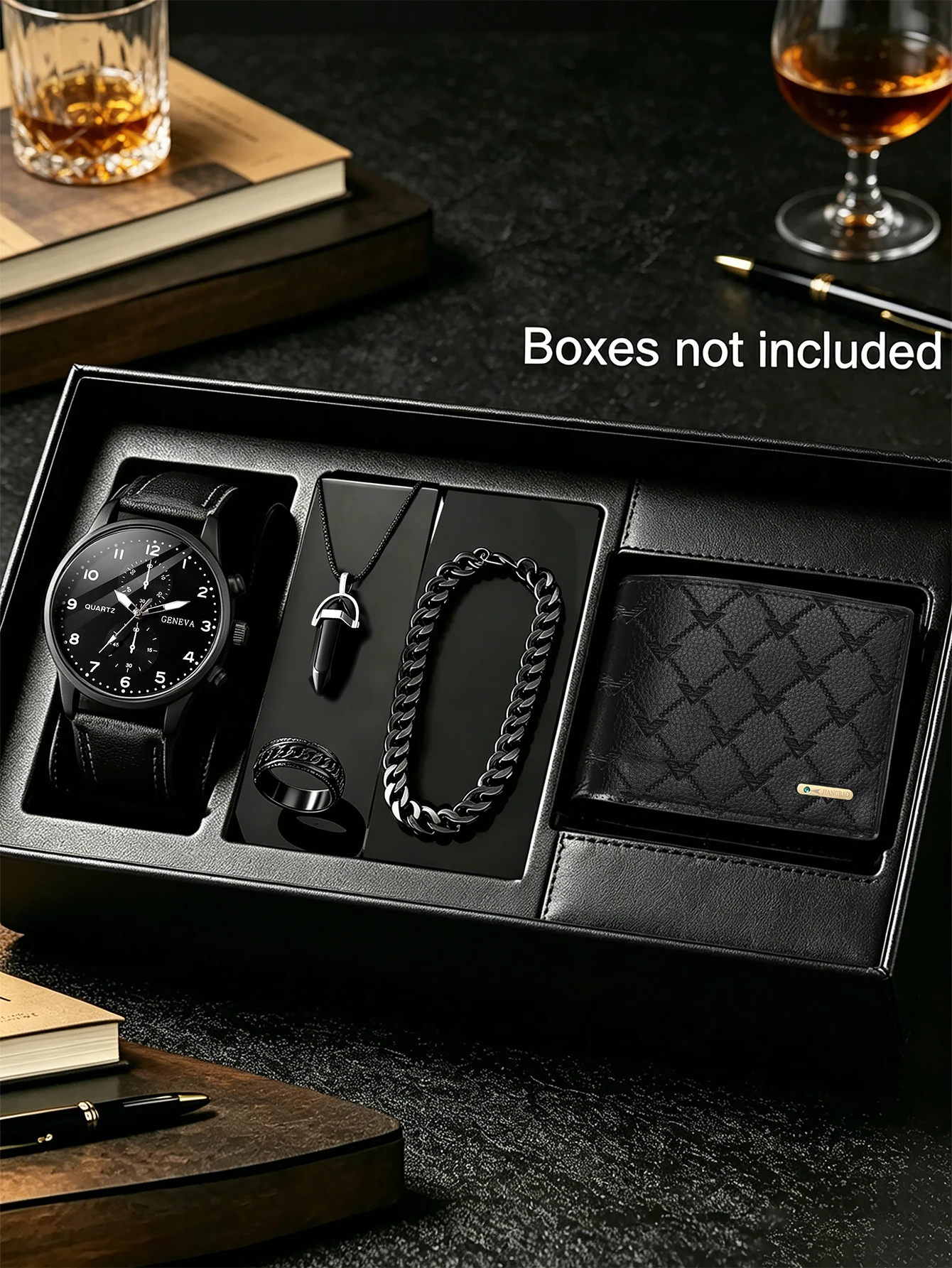 Herren-Set aus PU-Leder Quarzuhr mit Armband, Halskette, Ring und Geldbörse - Festliches Geschenk Elegantes Alltags-Accessoire-Kombi Image