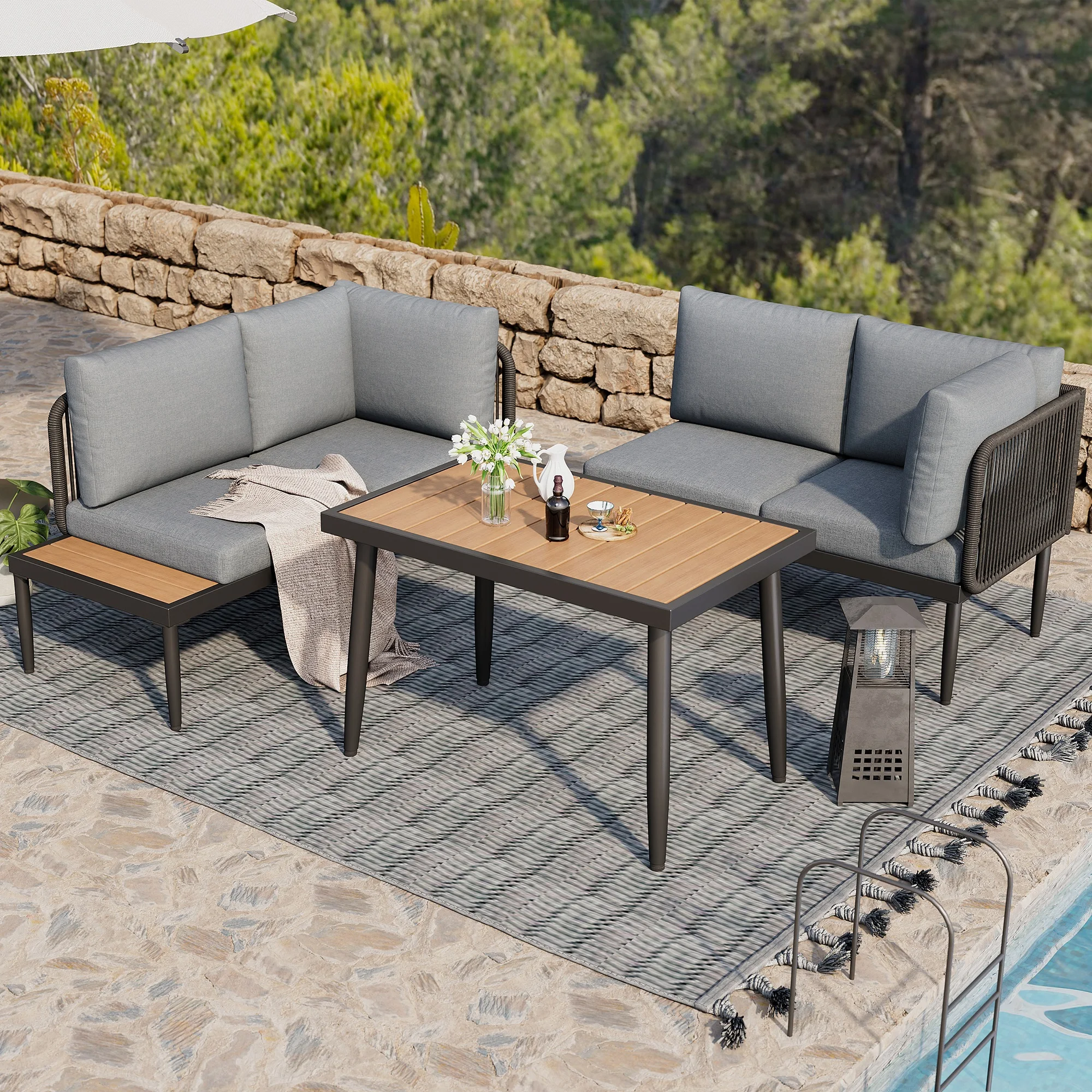 Gartenmöbel-Set mit Ecksofa, Esstisch & Kordel-Rückenlehne, für Terrasse, Geselligkeit, Olefin & verzinkter Stahl - grau