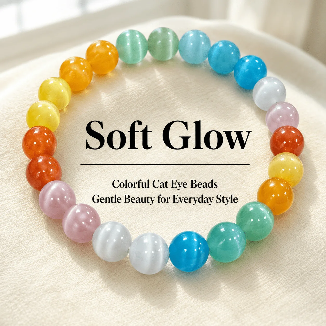 Regenbogenfarbenes Perlenarmband, Glänzende Katzenauge-Stil Runde Perlen, Elastisches Stretch-Armband, Niedliches Alltags-Schmuckgeschenk Image
