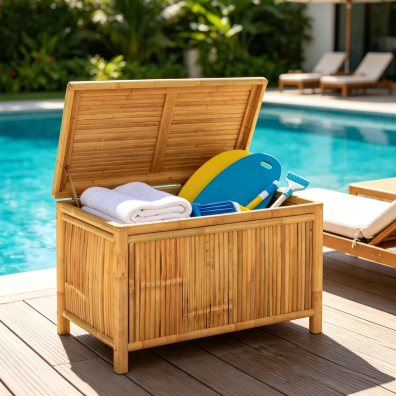Fournitures de jardin, Coffre de jardin en bambou, 90 X 52 X 55 cm, Structure solide, Résistant à l'usure, Grand espace de rangement, Idéal pour jardin, terrasse et espaces extérieurs