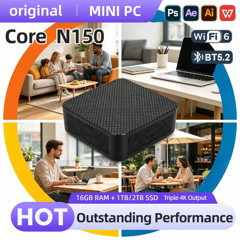 Intel Core N150 Portable Mini PC 16GB DDR4 M.2 NVMe SSD Triple 4K WiFi6 Silent Cooling Office Computer Desktop Home 2026