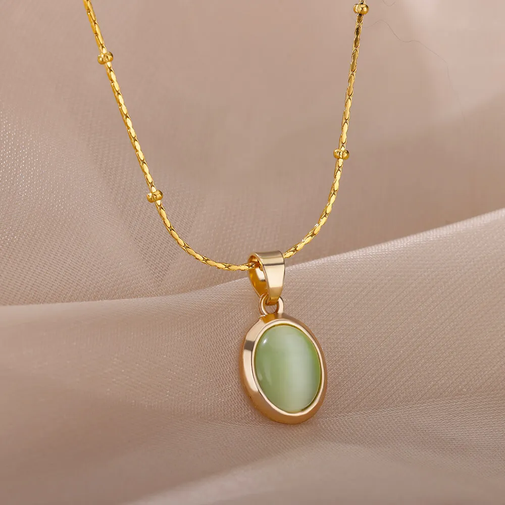 Mode Stein Opal Oval Halskette Für Frauen Edelstahl Gold Farbe Oval Stein Anhänger Halskette Hochzeit Ästhetischen Schmuck Geschenk Image