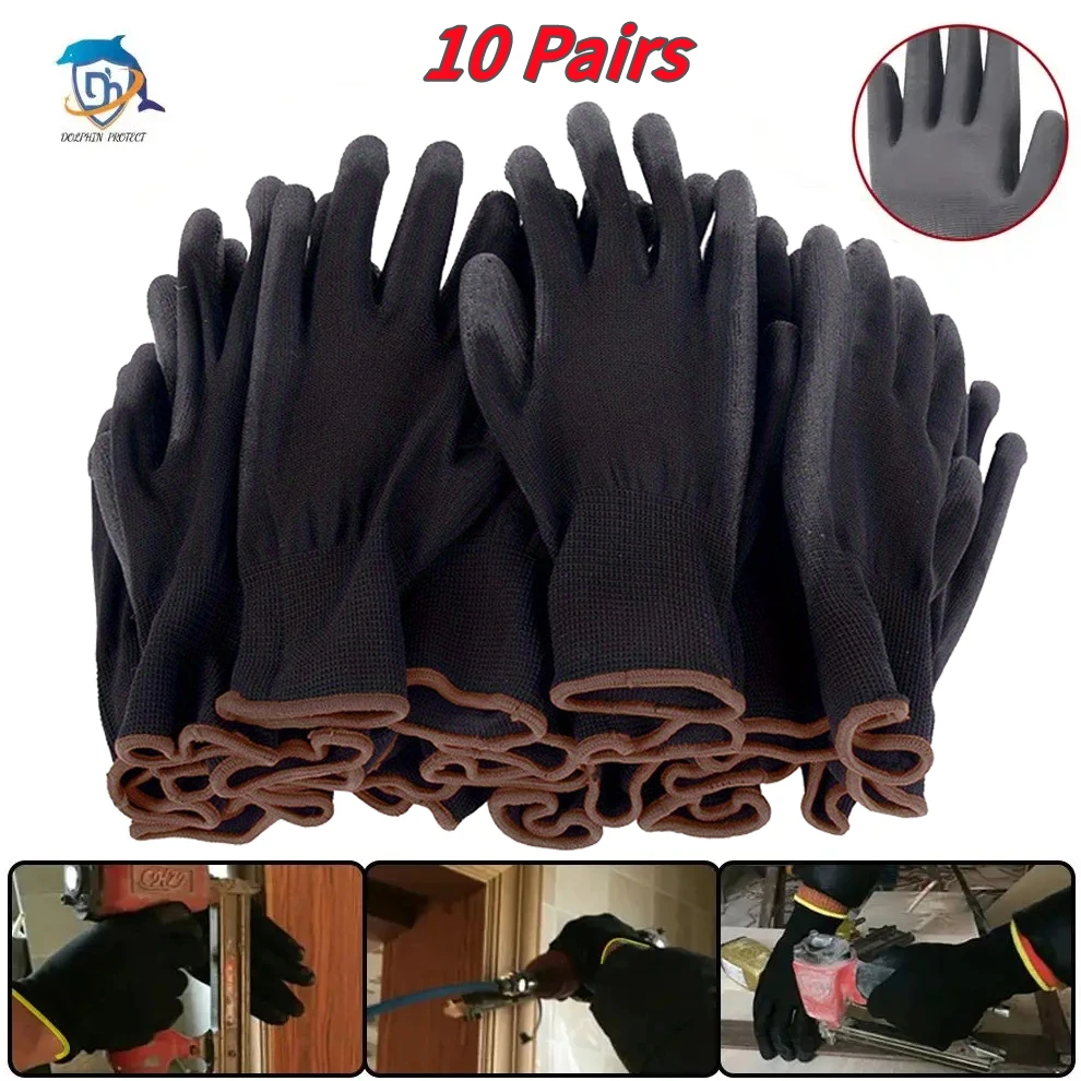 10 Paar schwarze, langlebige Schutzhandschuhe – rutschfest, verschleißfest, ESD-Schutz für Gartenarbeit und Holzbearbeitung Image