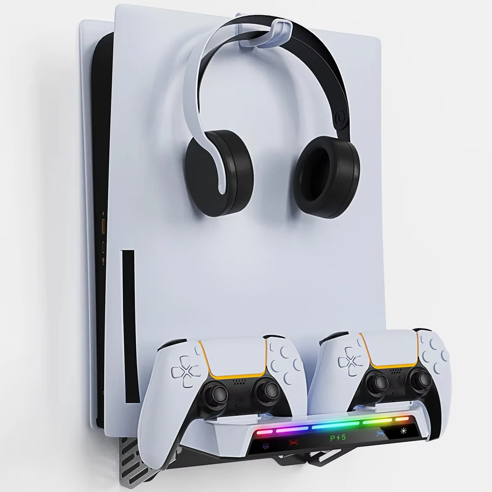 Wandhalterungsset für PS5/Pro/Slim-Konsole mit RGB-Licht, Ladestation, Headset-Aufhänger für PS5 Dual Controller-Zubehör Image