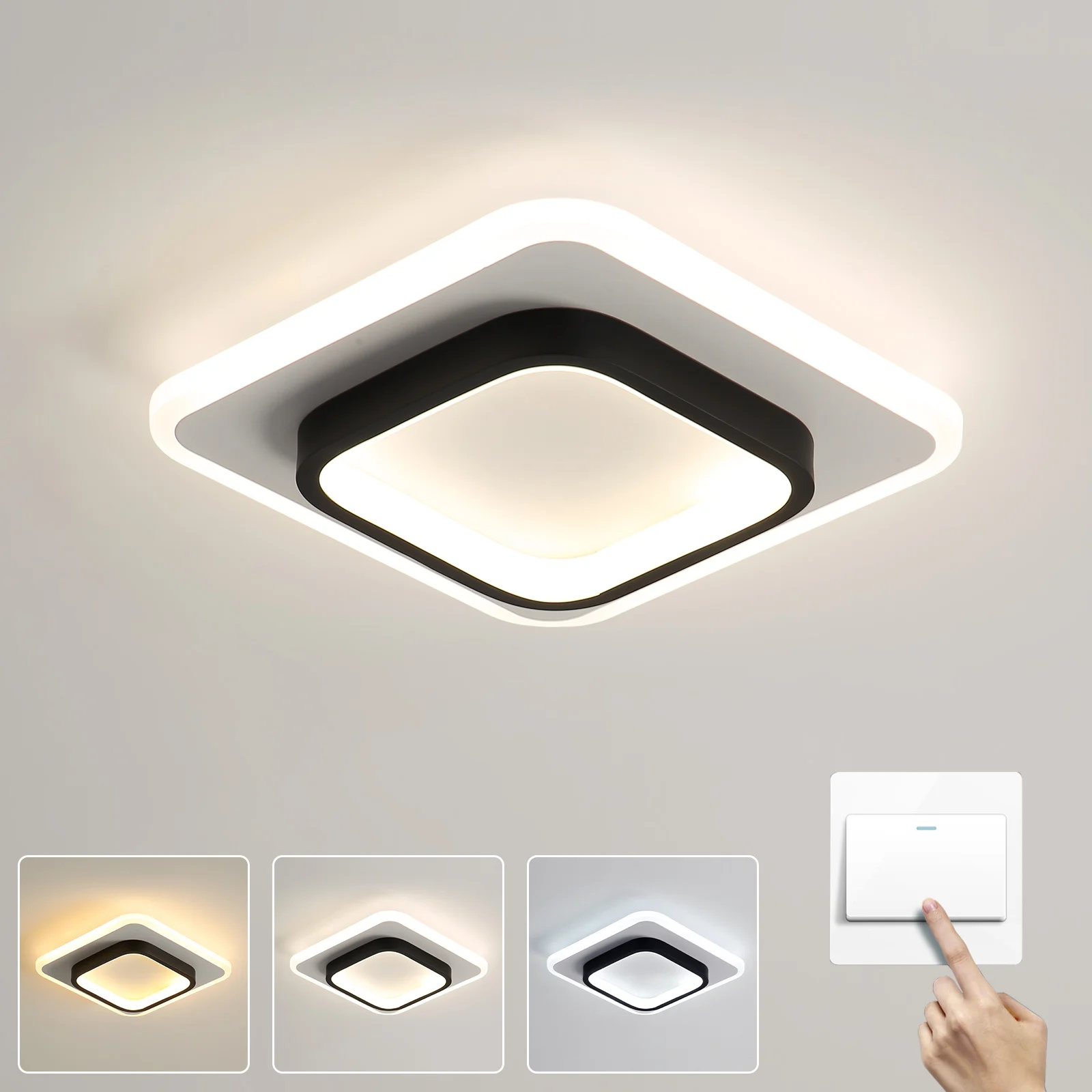Dimmbare moderne LED-Deckenleuchten, quadratische Deckenlampe für das Wohnzimmer, 24 cm kreative Acryl-Deckenbeleuchtung LED mit 3 Farben