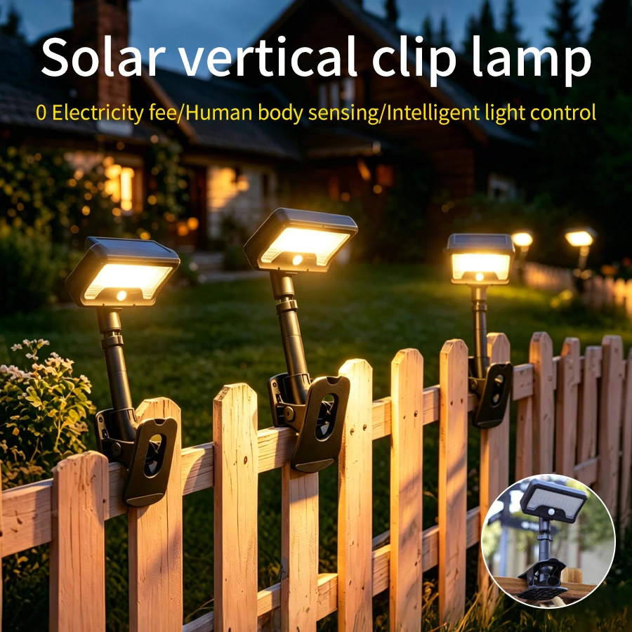 Solar-LED-Klemmleuchte für Außen mit Bewegungssensor, 92 LEDs, IP65 Wasserdicht, 360° ° Drehbare Gartenzaunlampe USB Wiederaufladbar Camping