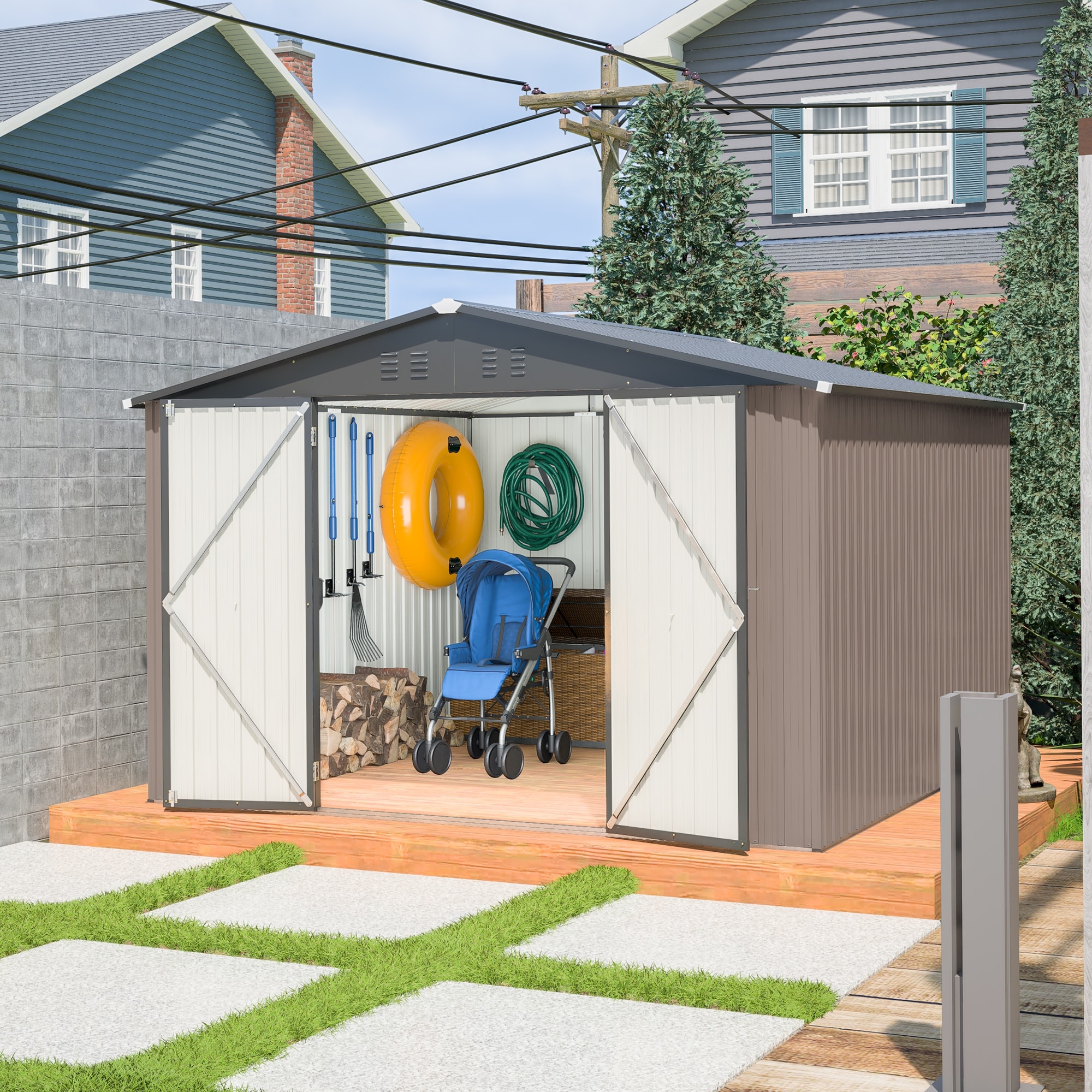Roomfitters 10x10 FT Metal Outdoor Storage Shed, Steel Yard Utility Tool House with Lockable Doors and Vents, Brown