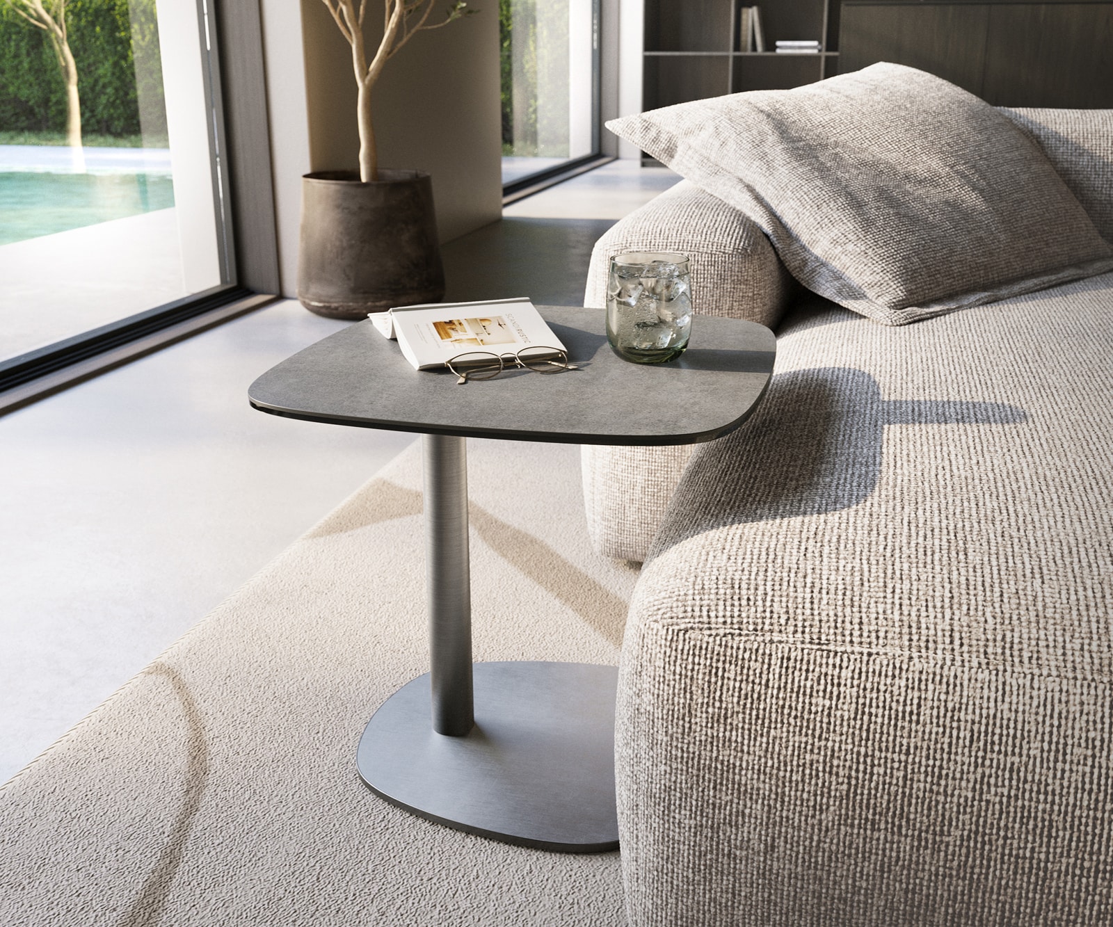DELIFE Beistelltisch Edge Boot 50x50 cm Keramik Beton Grau Eleny Edelstahl gebürstet, Beistelltische