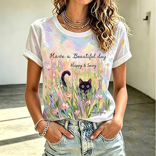 Damen T Shirt Druck Grafik Tiermotiv Katze Stilvoll Klassisch Lässig Kurzarm V Ausschnitt Lange Oberteile Lässig Täglich Rosa Sommer Frühling - Lightinthebox.com/de