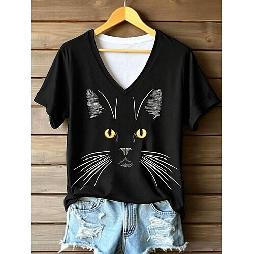 Damen T Shirt Druck Grafik Tiermotiv Stilvoll Klassisch Lässig Kurzarm V Ausschnitt Normale Oberteile Lässig Täglich Weiß Schwarz Aprikose Sommer Frühling