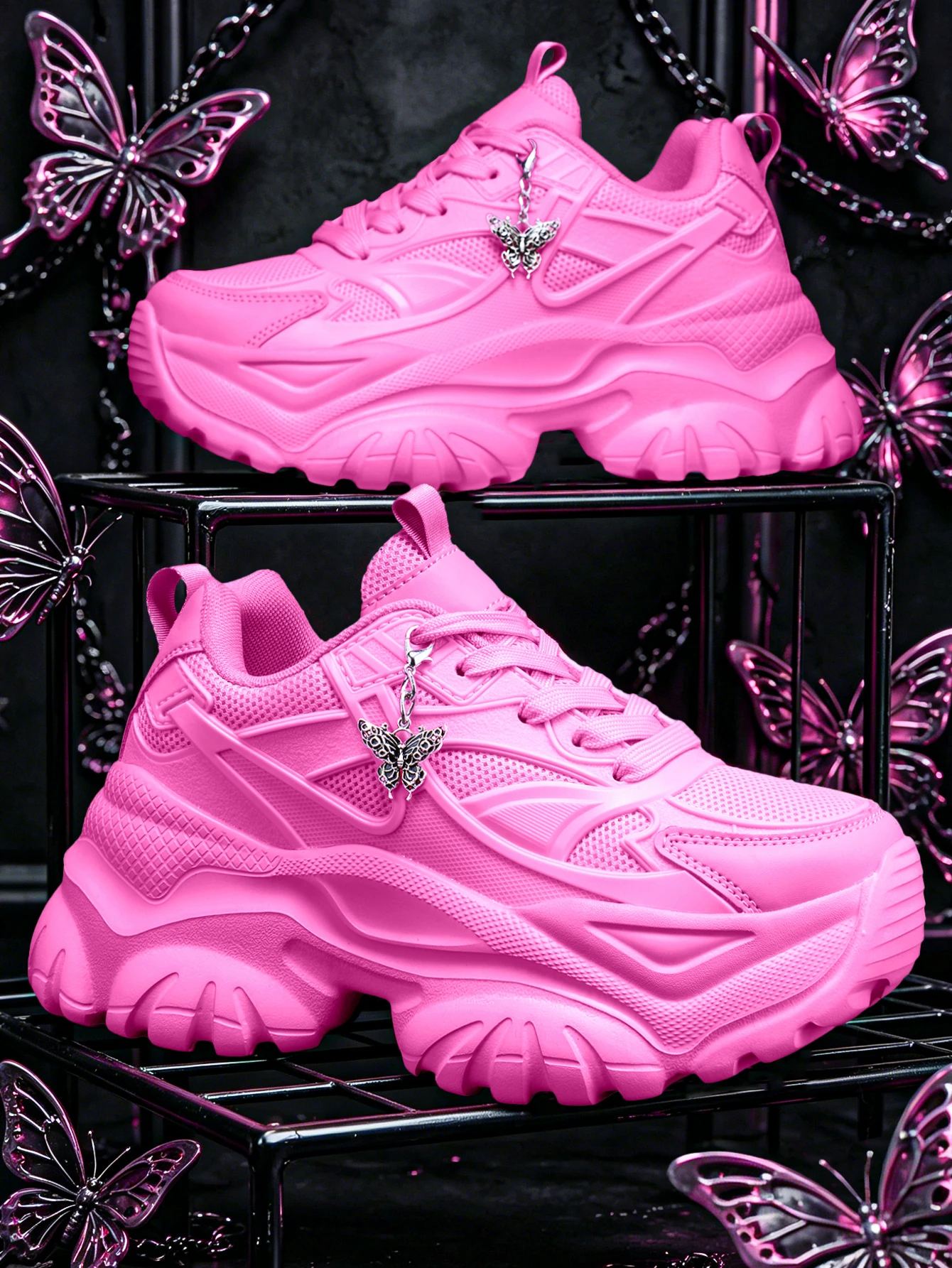 Damen 2026 Neue Sweet-Cool Y2K Rosa Plateau-Sneaker mit 7cm Erhöhung, High-Street Gothic Style Vielseitige Freizeit-Sportschuhe, Atmungsaktives Mesh-Obermaterial, mit Abnehmbarem Retro Silber