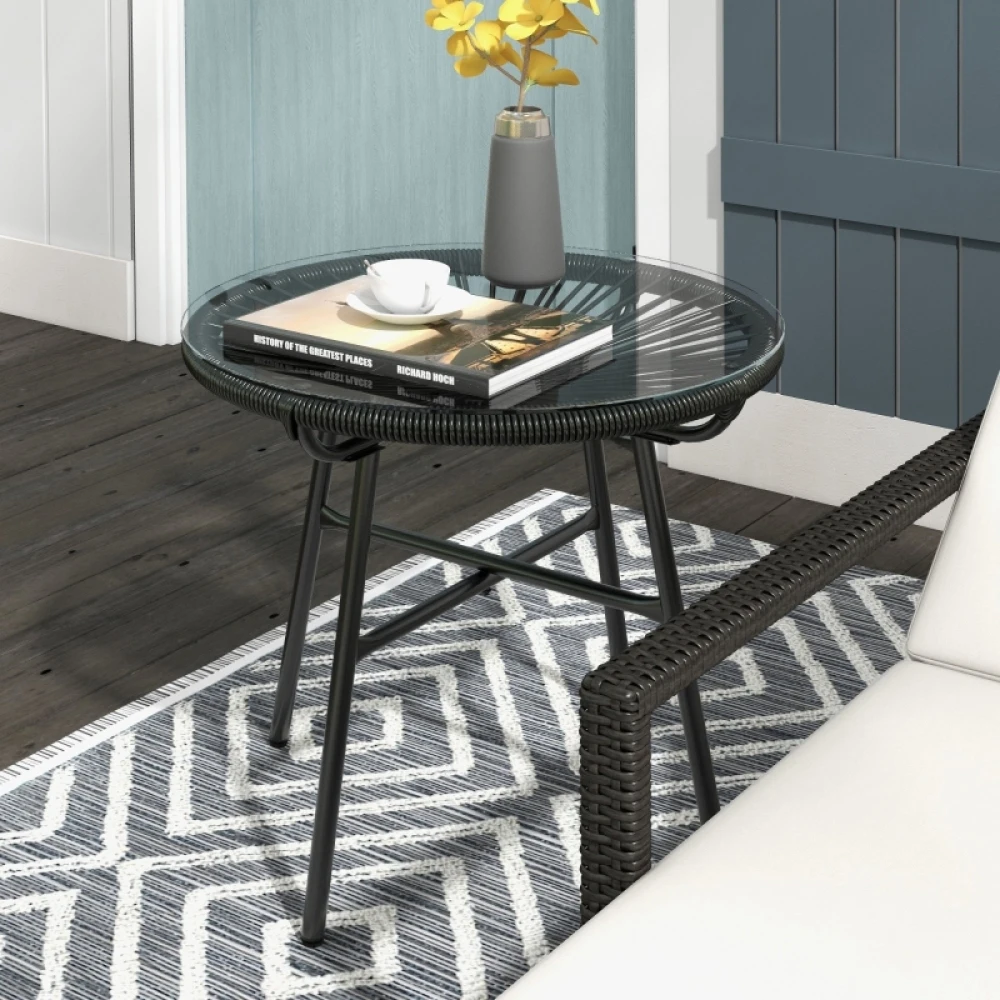 Gartentisch im Boho-Stil, Outdoor-Beistelltisch, PE-Rattan, gehärtetes Glas, wetterbeständig, 50 cm x 50 cm x 50 cm, Schwarz