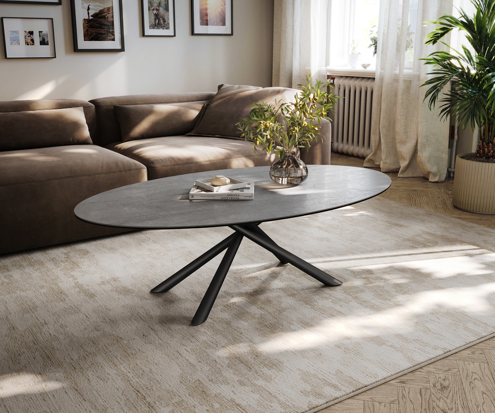 DELIFE Couchtisch Edge Oval 135x80 cm Keramik Beton Grau Sarity Metall Schwarz, Couchtische