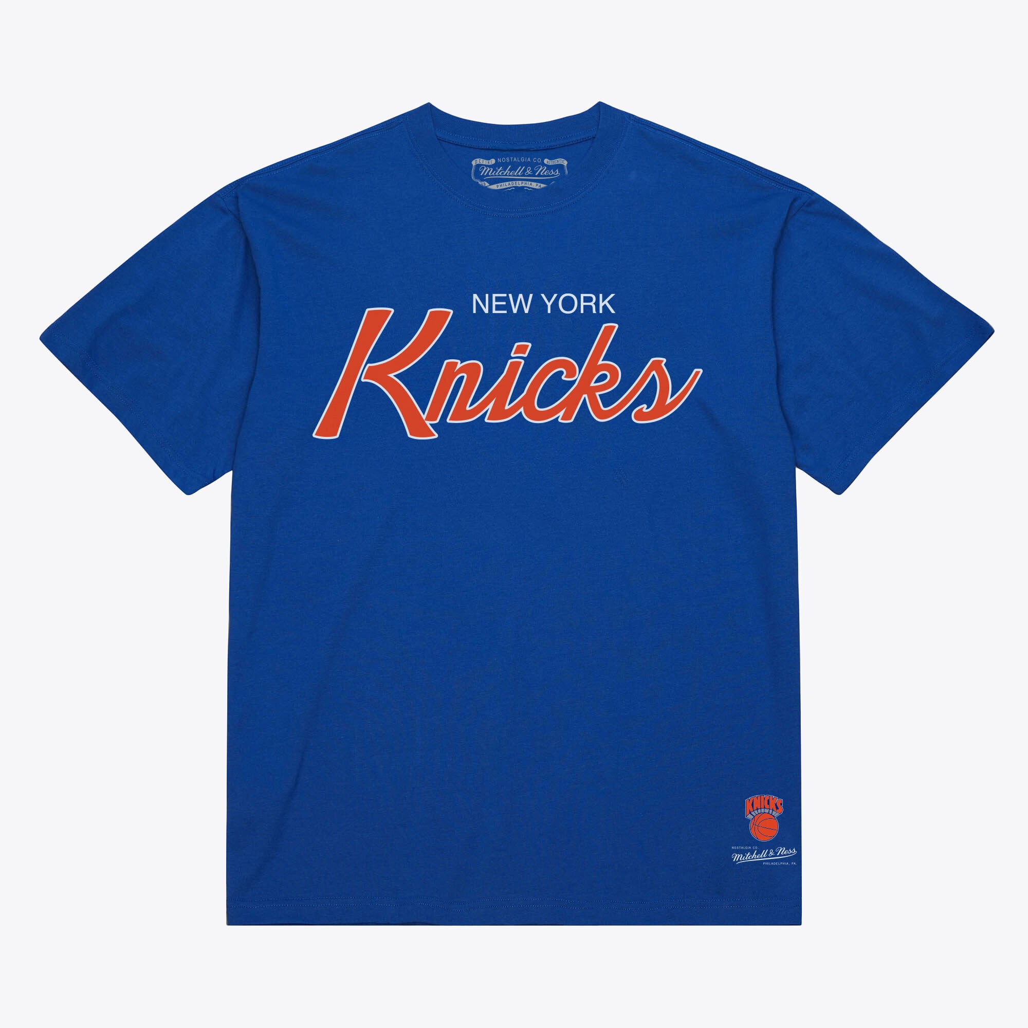 Mitchell & Ness Herren-T-Shirt in Blau mit Vintage-Schriftzug der New York Knicks