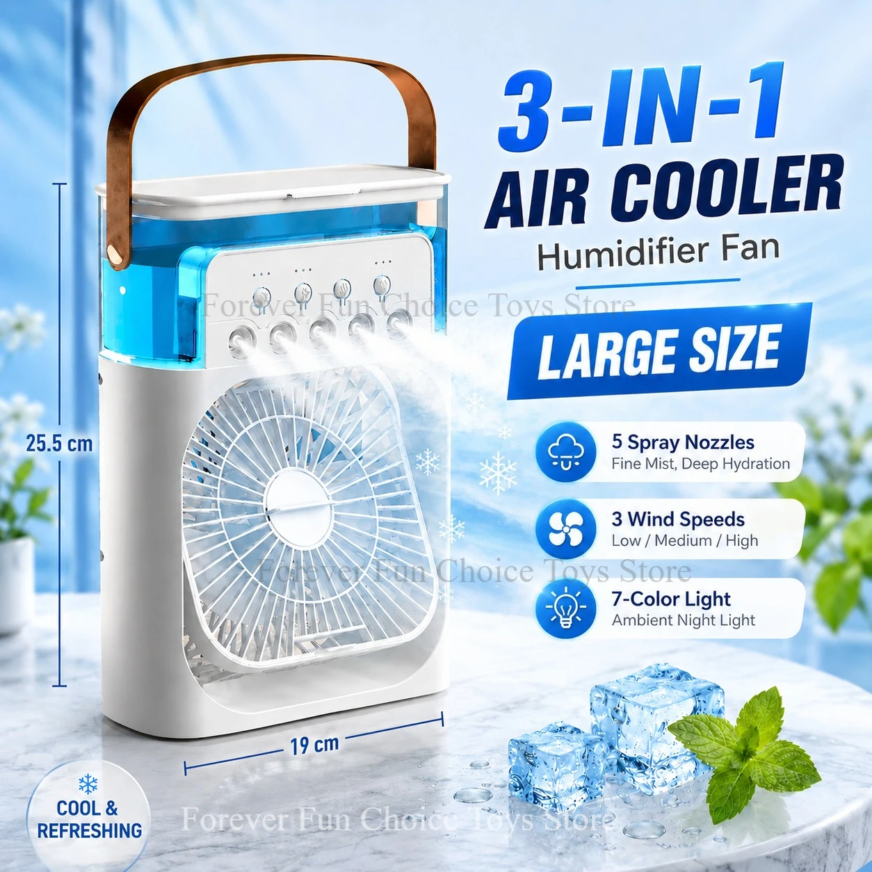 Ventilateur-climatiseur 3-en-1 avec lumière LED 7 couleurs, humidificateur portable, ventilateur de climatisation, ventilateur portatif d