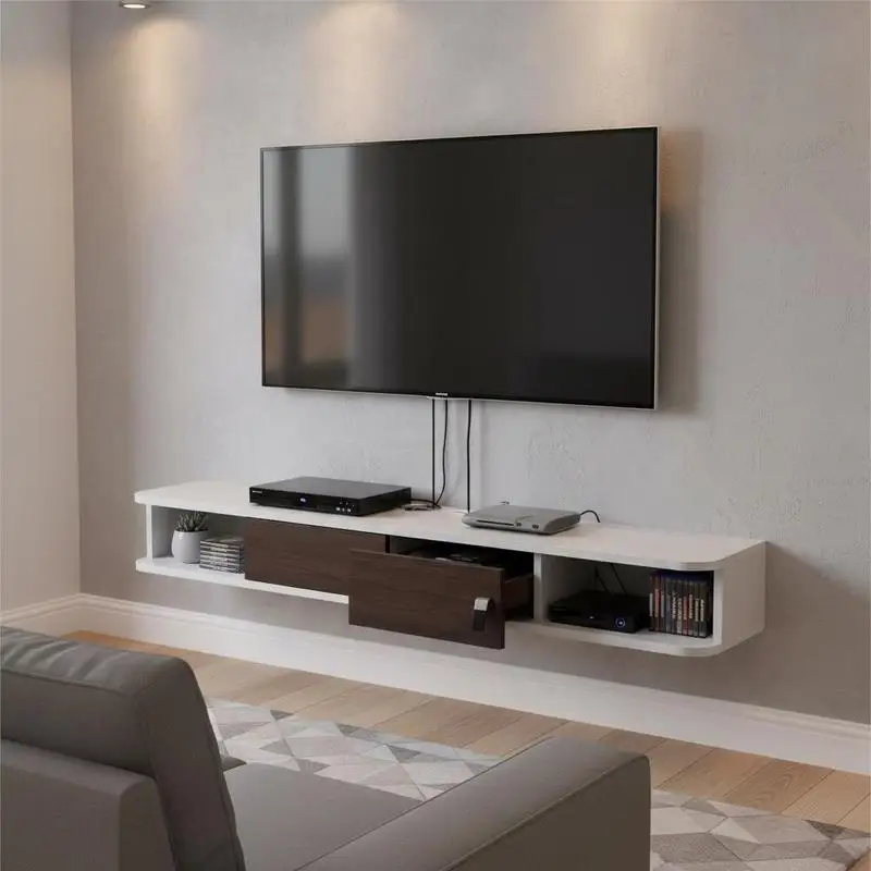 Wandmontierter TV-Schrank mit Kabelmanagement, schwebendes TV-Regal mit Stauraum für DVD-Player, Set-Top-Box und Spielekonsole, 52 kg Tragkraft, weiß, 120 cm lang