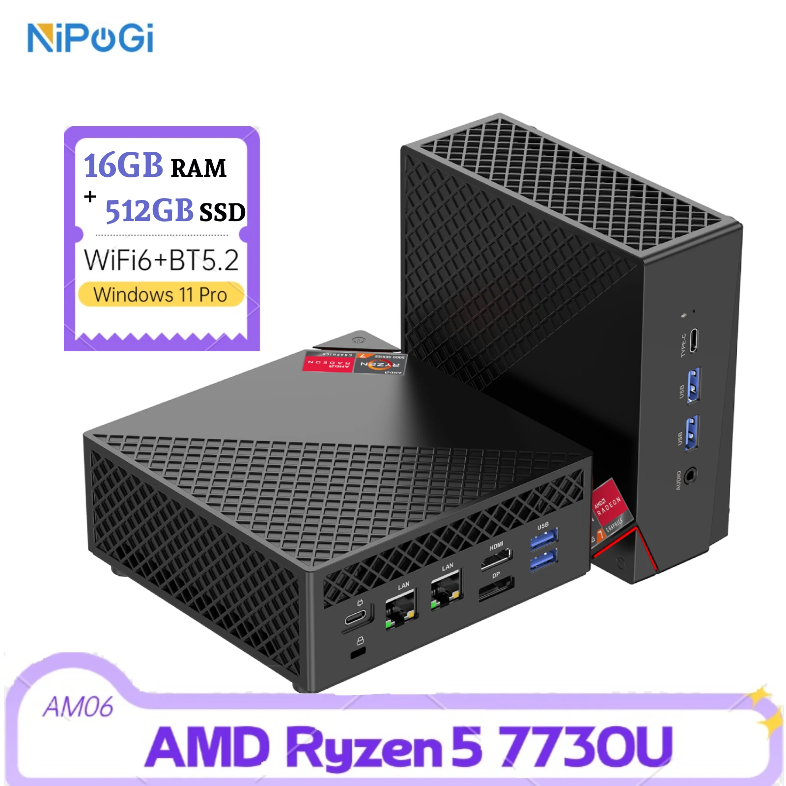 NIPOGI Mini-PC, Ryzen 7 7730U 16GB DDR4 512GB SSD Mini-Computer (8C/16T 4,5GHz), 4K Triple-Display WiFi6 BT5.2 Gaming- und Büro-PC