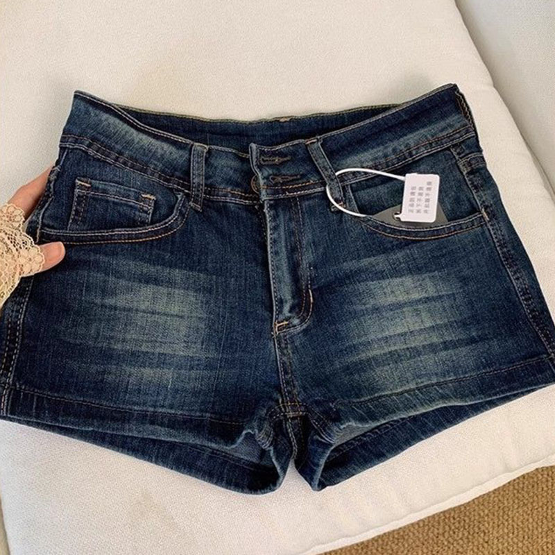 Vintage Womens Denim Shorts Low Waist Stretch Jean Shorts For Summer Streetwear deep Blue l