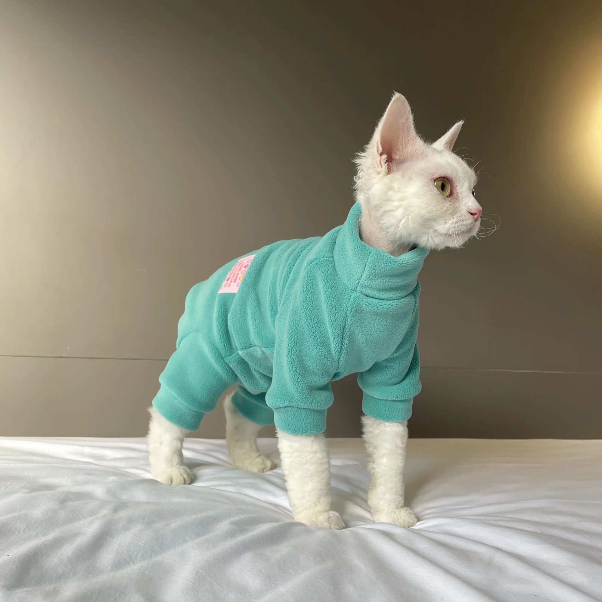 CozyPaws Hairless Cat Fleece Jumpsuit Warm 4 Legged Pajamas For Sphynx & Devon Rex Cats light Blue m Plus