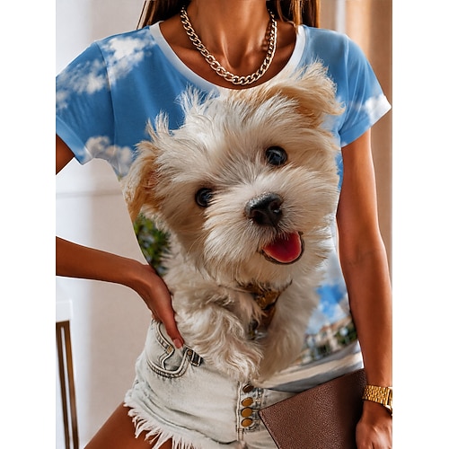 Damen T Shirt Druck Grafik Tiermotiv Vintage Stilvoll Klassisch Kurzarm Rundhalsausschnitt Normale Oberteile Lässig Täglich Blau Weiß Gelb Sommer Frühling