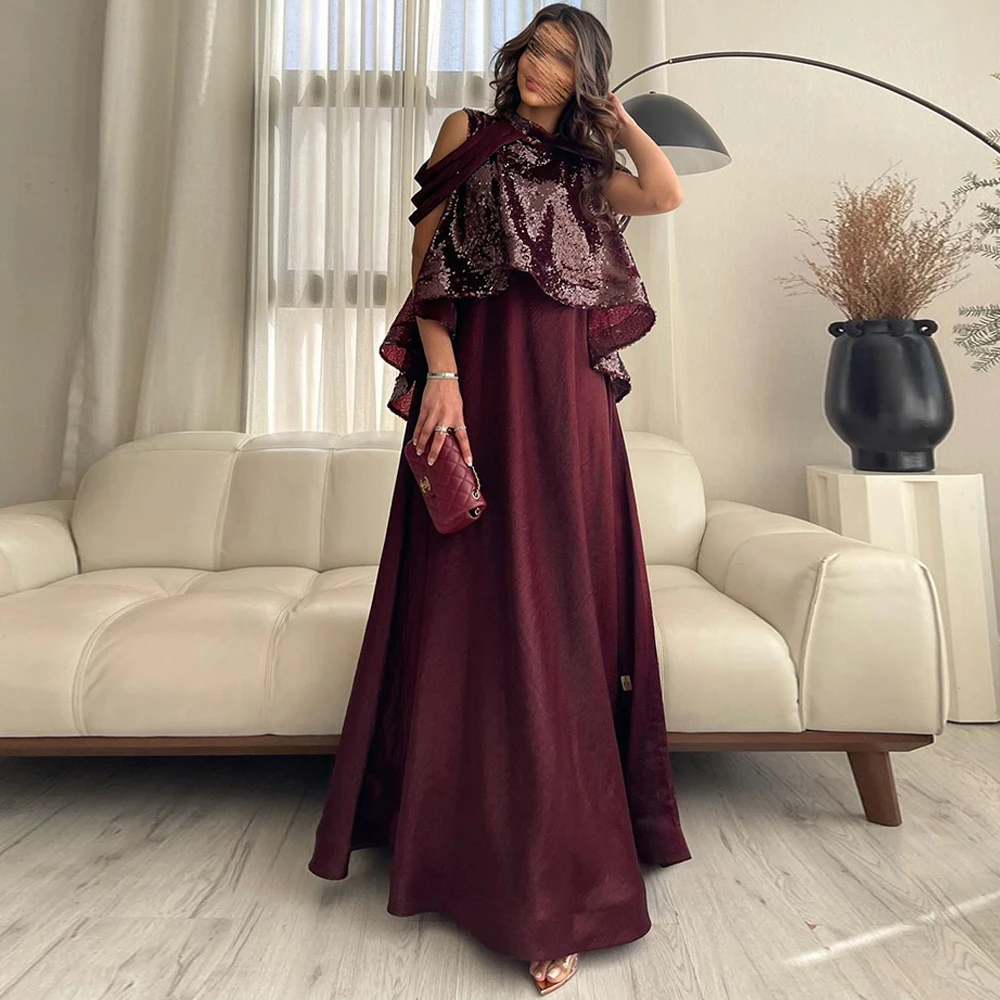 Fashion Burgundy Satin Evening Dress Temperament Sequined Party Dresses High Quality Crew Neck Customized Celebrity Gown