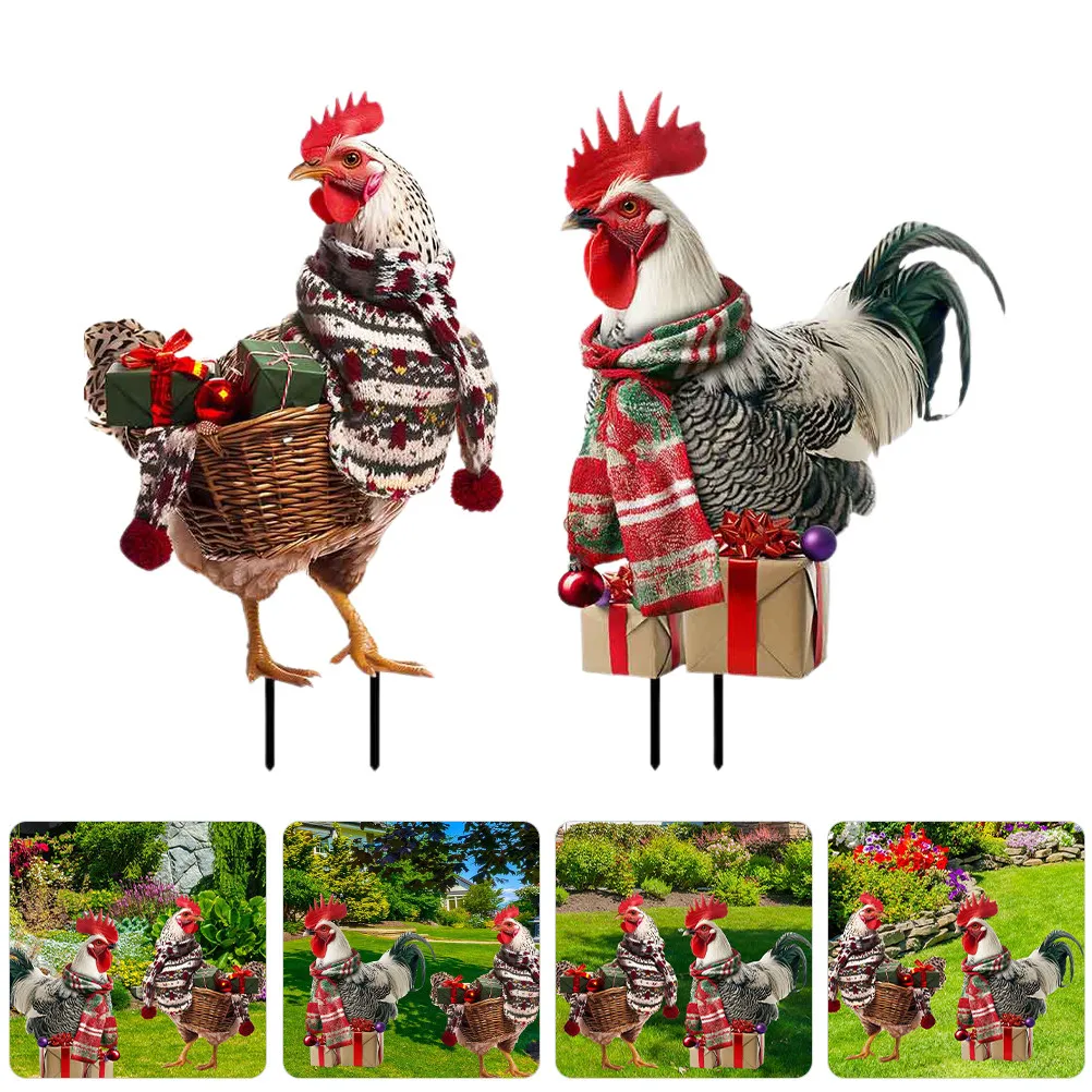 Lot de 2 piquets de jardin en fer résistant aux intempéries, motif coq, détails réalistes, pour décoration extérieure de pelouse et de jardin, ornement de jardin, panneau décoratif en métal