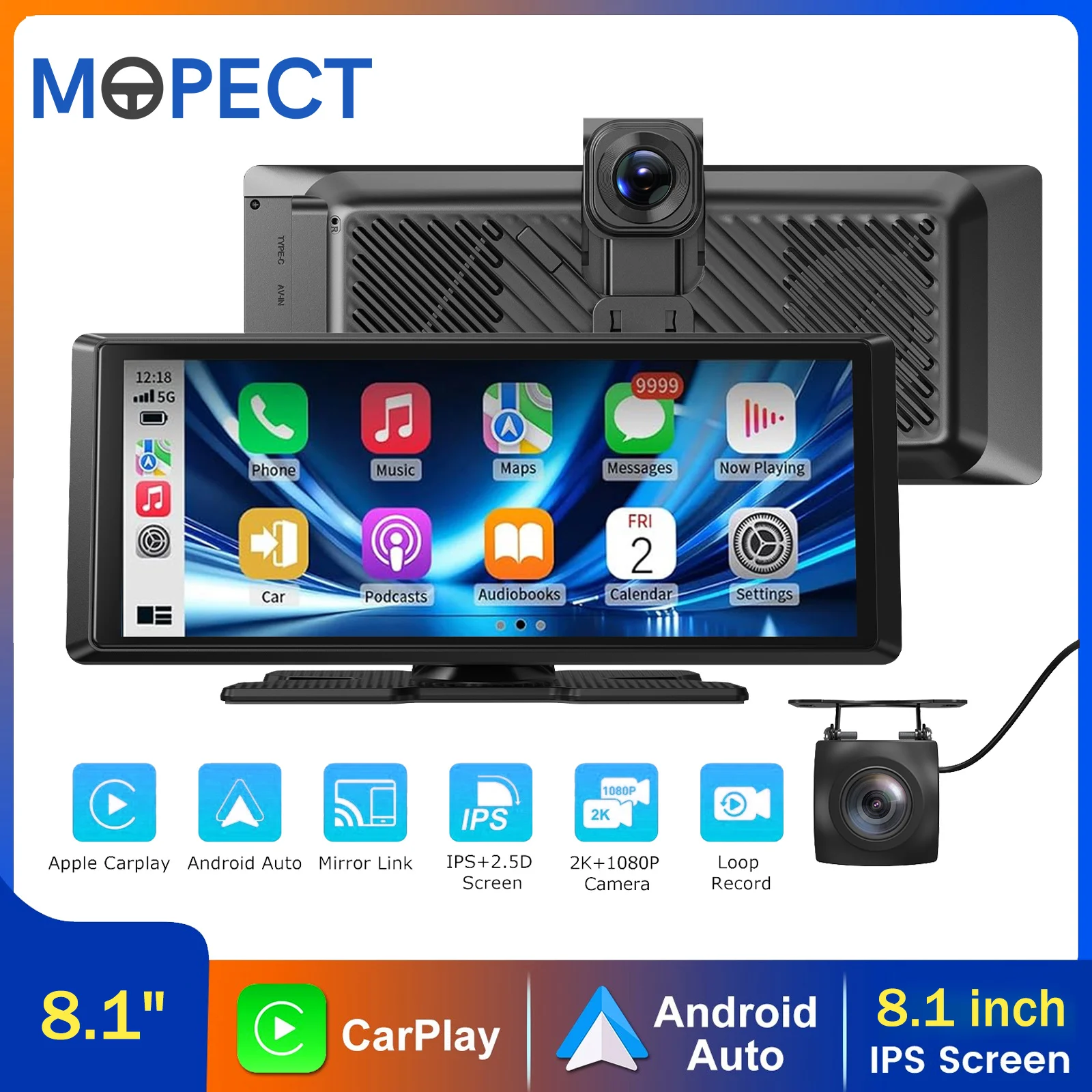 Autoradio MOPECT 8,1 pouces 4K+1080P avec écran tactile, Apple CarPlay sans fil, Android Auto, DVR, caméra embarquée double objectif, enregistreur vidéo, Mirror Link, WIFI, BT, FM et caméra de recul