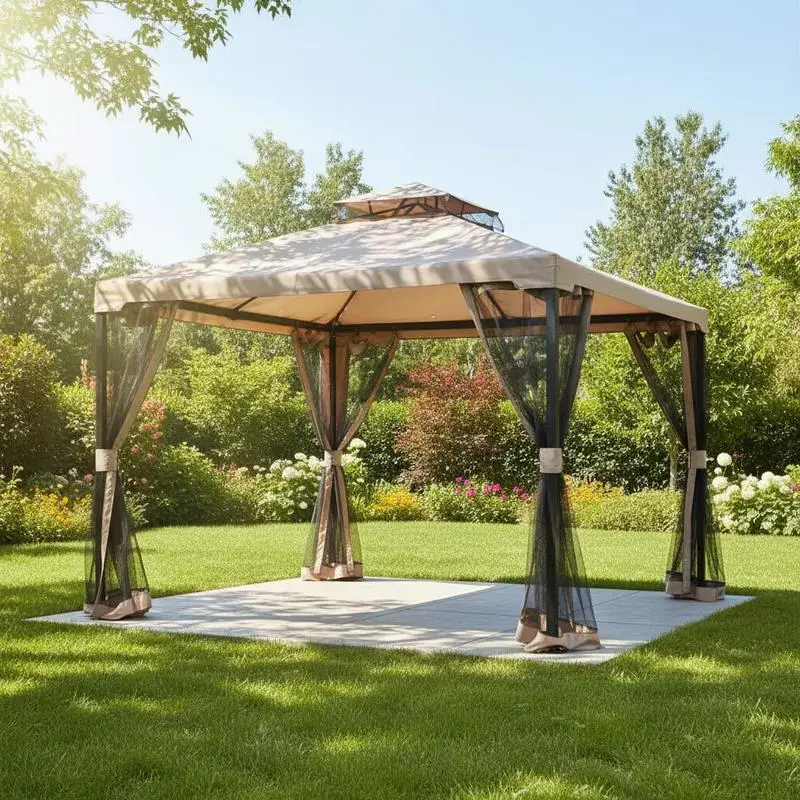 Gazebo à double toit, environ 3x3 m, imperméable, robuste, résistant à l'hiver, gazebo de jardin avec moustiquaire et panneaux latéraux, gazebo de jardin en métal, pour jardin ou terrasse, gris