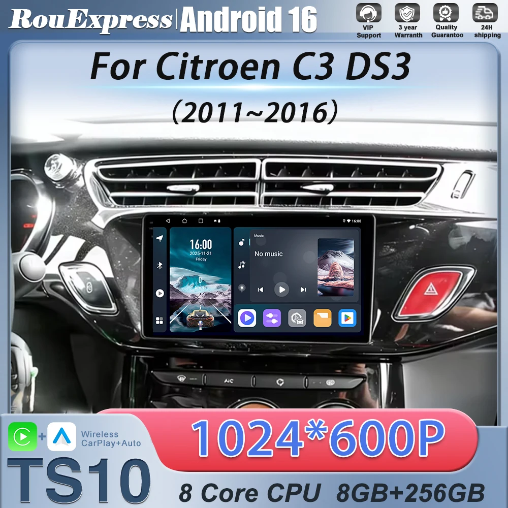 Autoradio Android 16 7 pouces pour Citroen C3 DS3 2011 - 2016, lecteur multimédia Carplay, GPS, vidéo, caméra embarquée, Wifi