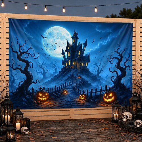 Sfondo di Halloween, casa stregata, notte di luna piena, arazzo da parete, castello spettrale, sfondo esterno, decorazione da parete per patio, cortile, portico, recinzione, festa a tema casa