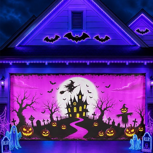 Copertura per porta del garage di Halloween, casa stregata fluorescente, luna, striscione per porta del garage, casa stregata esterna, giardino, portico, decorazione per feste