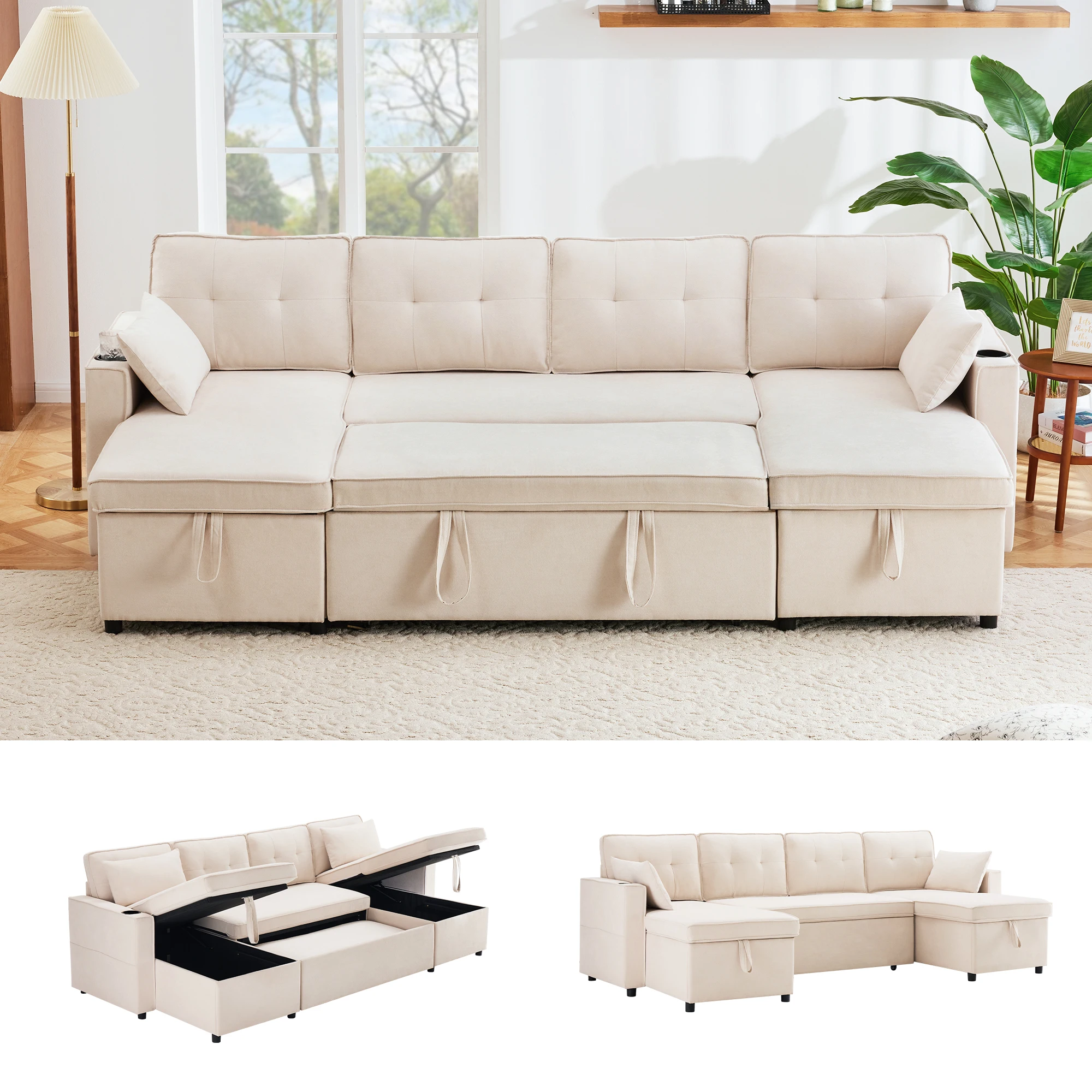 4-Sitzer U-Form Schlafsofa mit Schlaffunktion und Stauraum aus Baumwoll-Leinen-Mix mit Getränkehaltern und Aufbewahrungstaschen 270 cm für Wohnzimmer Gästezimmer Familie Beige