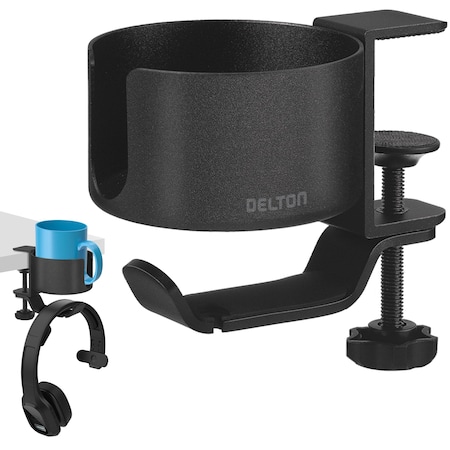 DELTON H22 Under Desk Cup Holder and Desk Hook for Headphones - Black