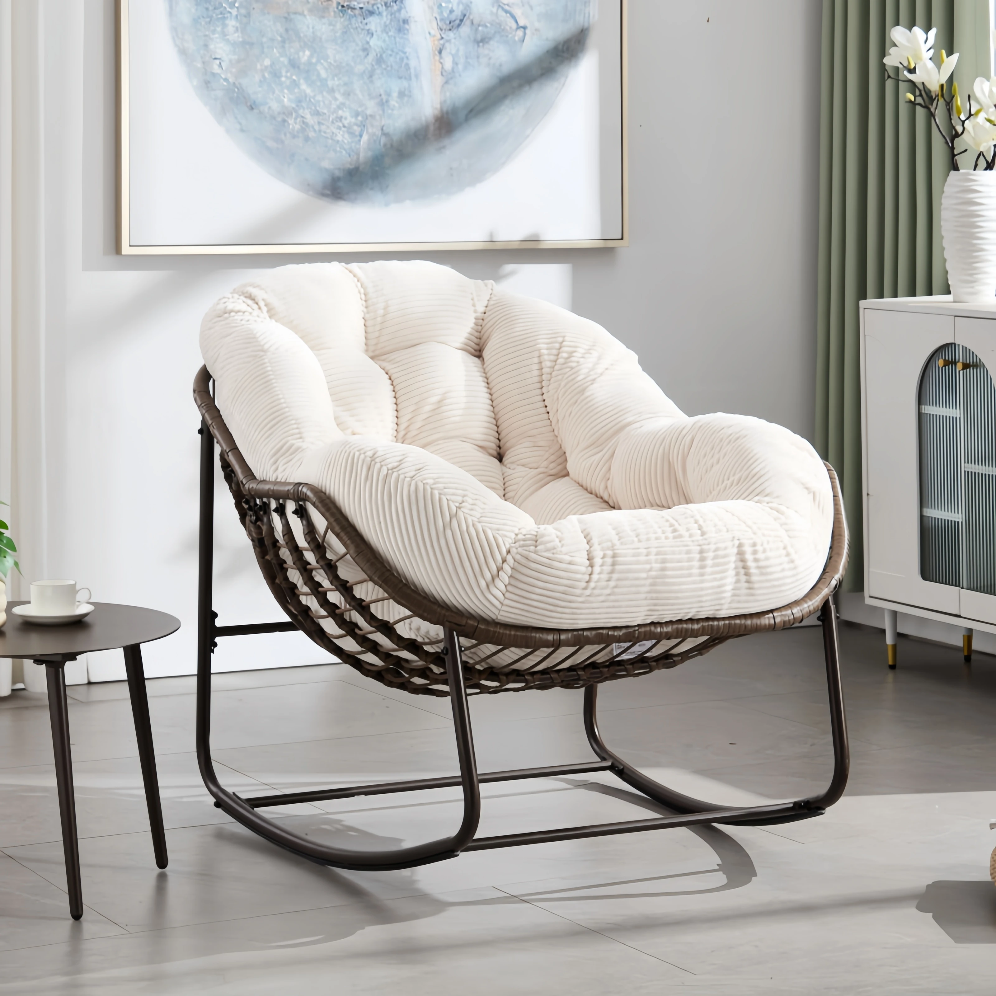 Oversize Schaukelstuhl Garten Rattan Wicker Ei Sessel mit Dickem Kissen Moderner Relaxsessel Outdoor und Indoor Bequemer Loungesessel für Balkon Terrasse Hinterhof Gartenmöbel Dunkelgrau Wetterfest Ergonomischer Schaukelsessel für Erwachsene Design