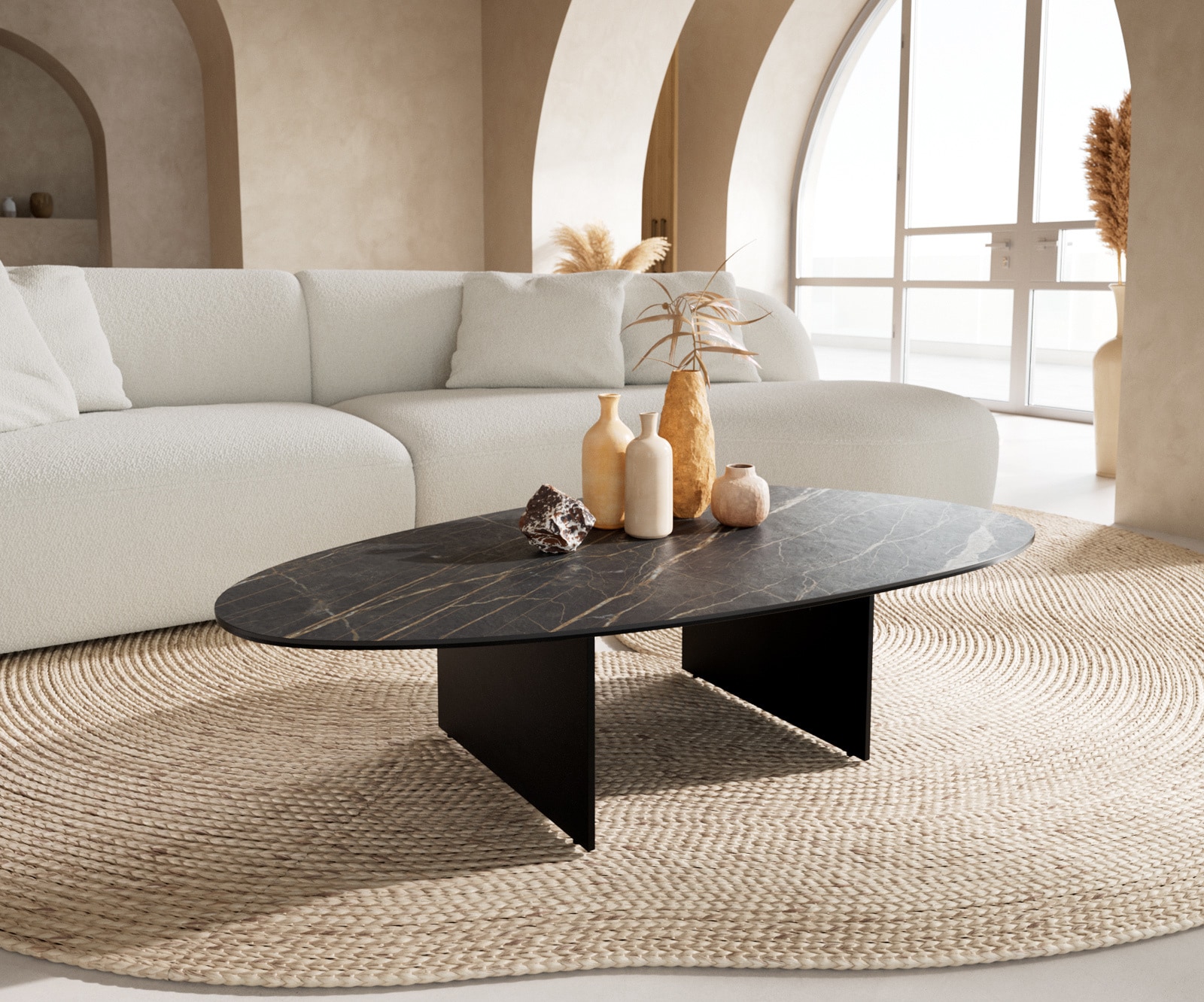 DELIFE Couchtisch Edge Oval 140x75 cm Keramik Laminam® Noir Desir Braun Salto Metall Schwarz, Couchtische