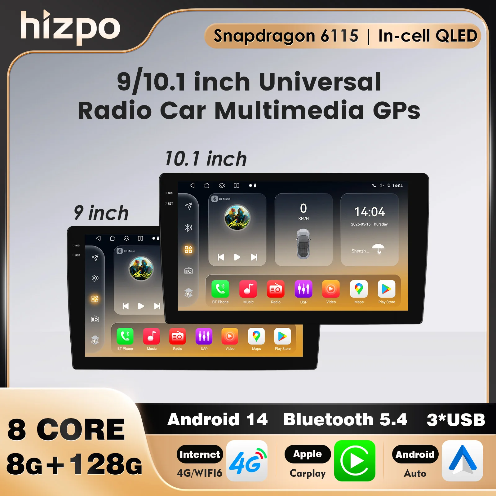 2Din Android 14 Snapdragon 6115 Universelles Autoradio Android Auto Navigation Carplay Auto-Multimediaplayer GPS Stereo 4G GPS