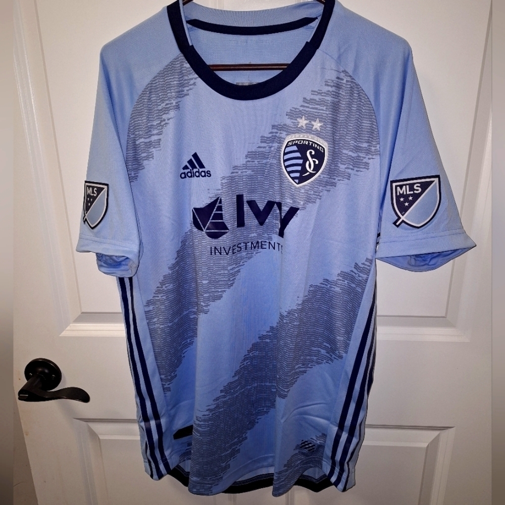 Adidas Shirts | An Adidas Official Mls Kansas City Sporting Jersey In A Men's Size Large. Nwt | Color: Blue/Gray | Size: L