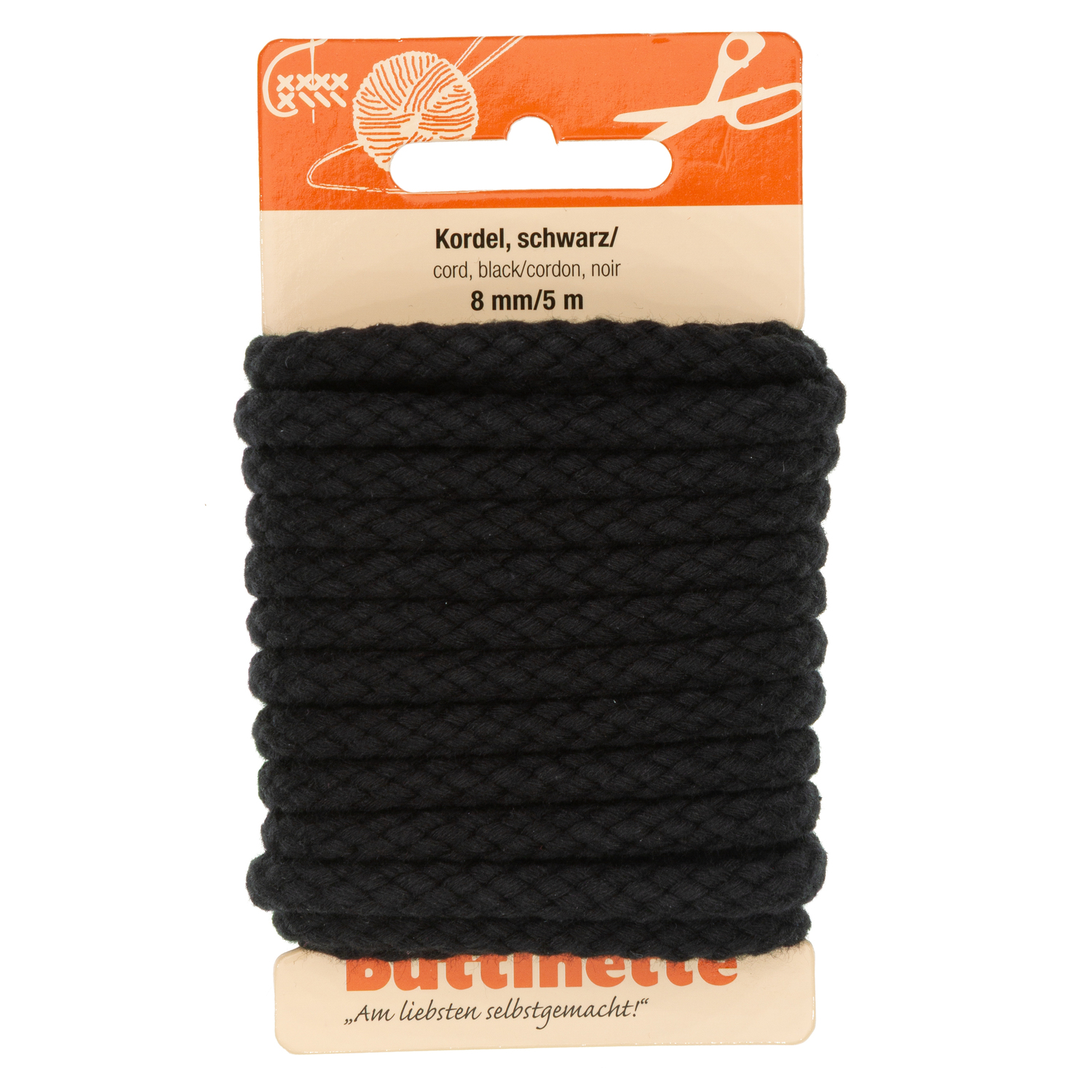 buttinette Baumwoll-Kordel für Bekleidung, schwarz, 8 mm Ø, Länge: 5 m