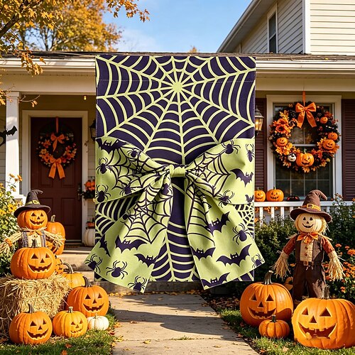 Halloween-Gartenflagge mit Schleife, Spinnennetz, Kürbis und Skelett – Süßes oder Saures! – Gartenflagge für draußen, saisonale Dekoration für Veranda und Garten, Herbstbanner für Haus und Garten,