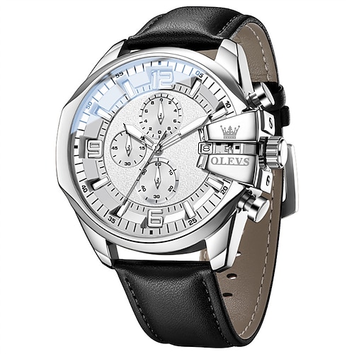 Olevs Herrenuhr, Luxus-Chronograph, großes blaues Zifferblatt, braunes Lederarmband, wasserdicht, Leuchtzeiger, Datumsanzeige, multifunktionale Business- und Sportuhr, Quarz-Analog-Armbanduhr für