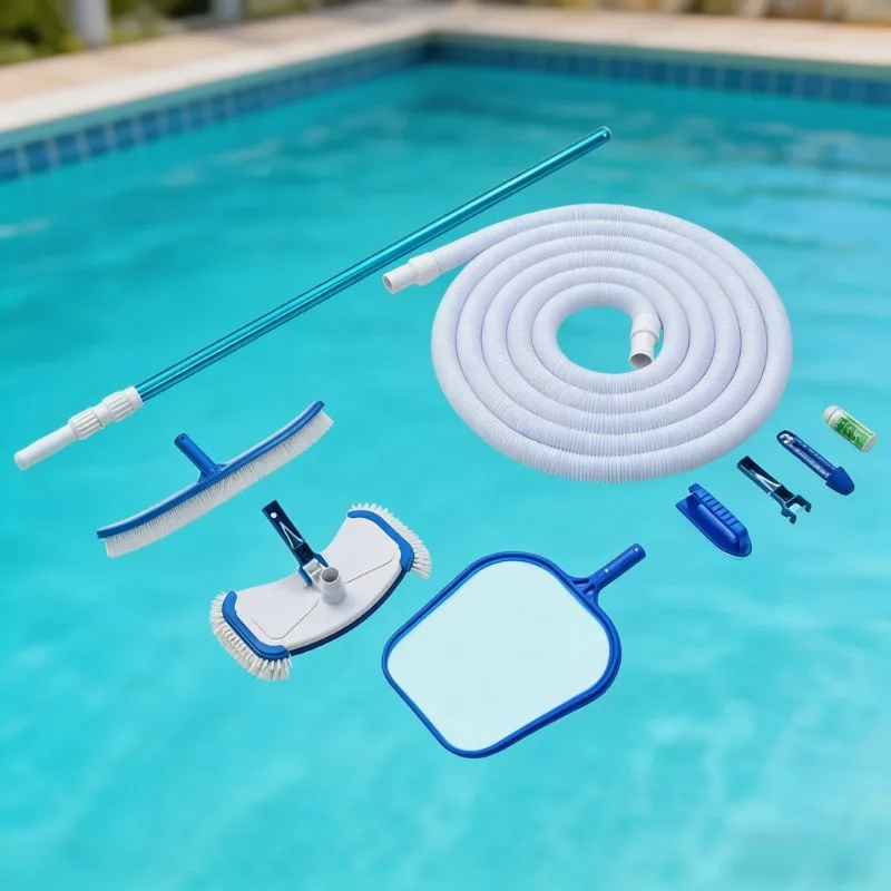Kit d'entretien de piscine, 9 pièces, ensemble d'outils de nettoyage de piscine, brosse, épuisette, skimmer inclus, robuste pour piscine hors sol, piscine enterrée, bassin de jardin, rangement facile