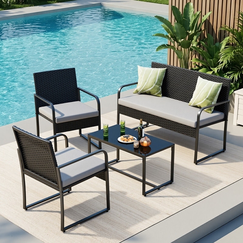 Gizoon Black Wicker Furniture with Glass Coffee Table, 4 Piece Patio Furniture Set, Outdoor Rattan Conversation Set