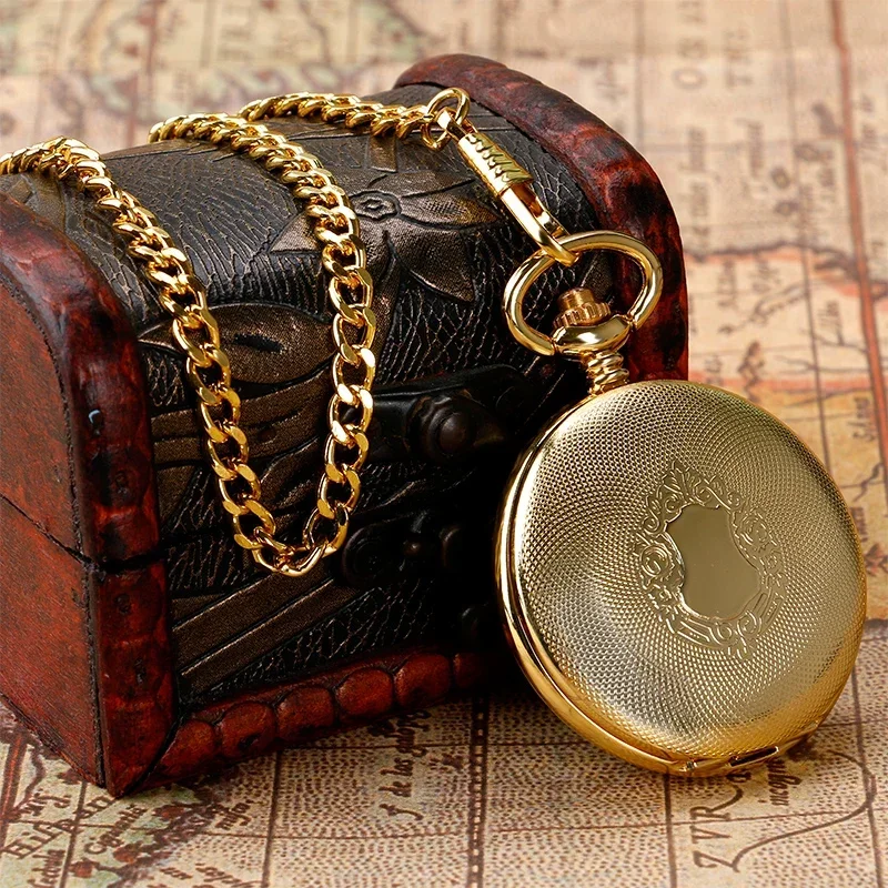 Luxuriöse gelb-goldene Shield-Taschenuhr für Herren und Damen, automatische mechanische Taschenuhr, antike Uhr mit römischen Ziffern und Anhängerkette
