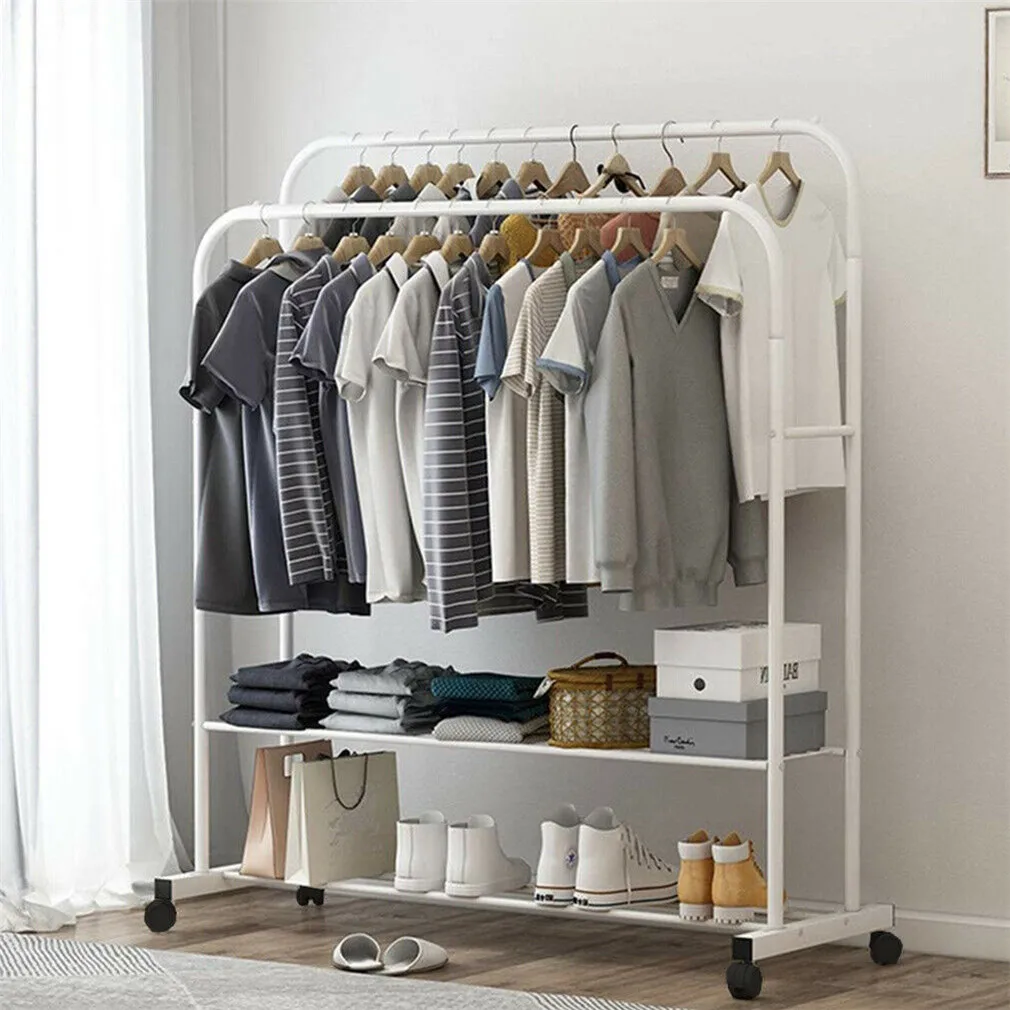 Schwerlast-Doppel-Kleiderstange, Kleiderständer, Kleiderpräsentationsständer, Aufbewahrungsregal, Rollbarer Kleiderschrank-Organizer