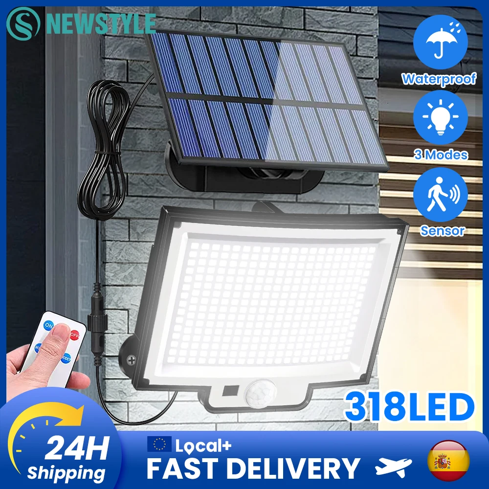 Wasserdichte 318LED-Solarleuchten für den Außenbereich, IP65, Bewegungsmelder, Solar-Sicherheitsleuchten, 3 Beleuchtungsmodi, solarbetriebene Wandleuchte für den Außenbereich, für Gartenzaun,