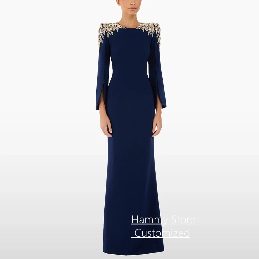 Navy Evening Dress Arabian Party Gown Customized Round Neck Long Sleeves Beading Crystal Mermaid Prom Dresses Dancing Party