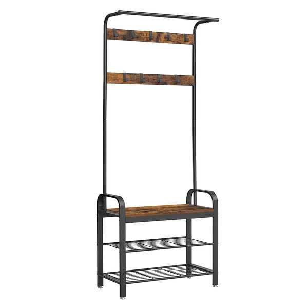 VASAGLE Garderobenbank mit 9 abnehmbaren Haken und 2 Schuhrosten HSR040 72/33,7 cm Braun, 72x183 cm