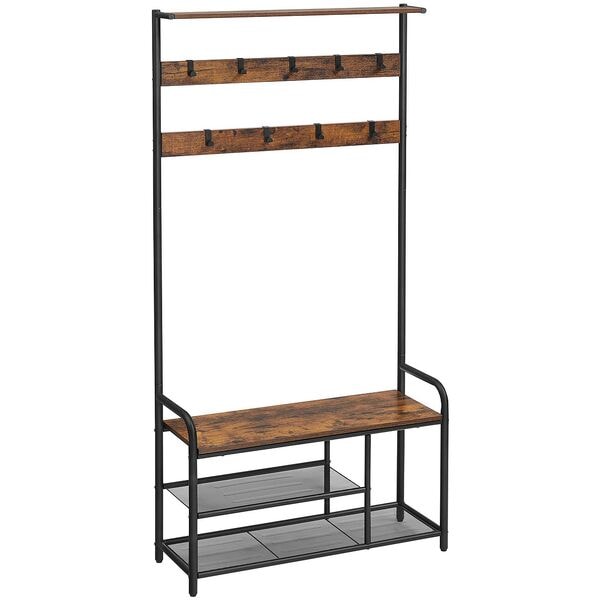 VASAGLE Garderobenbank mit Haken und Schuhrost braun / schwarz 85/30/180,5 cm, 85x180.5x30 cm