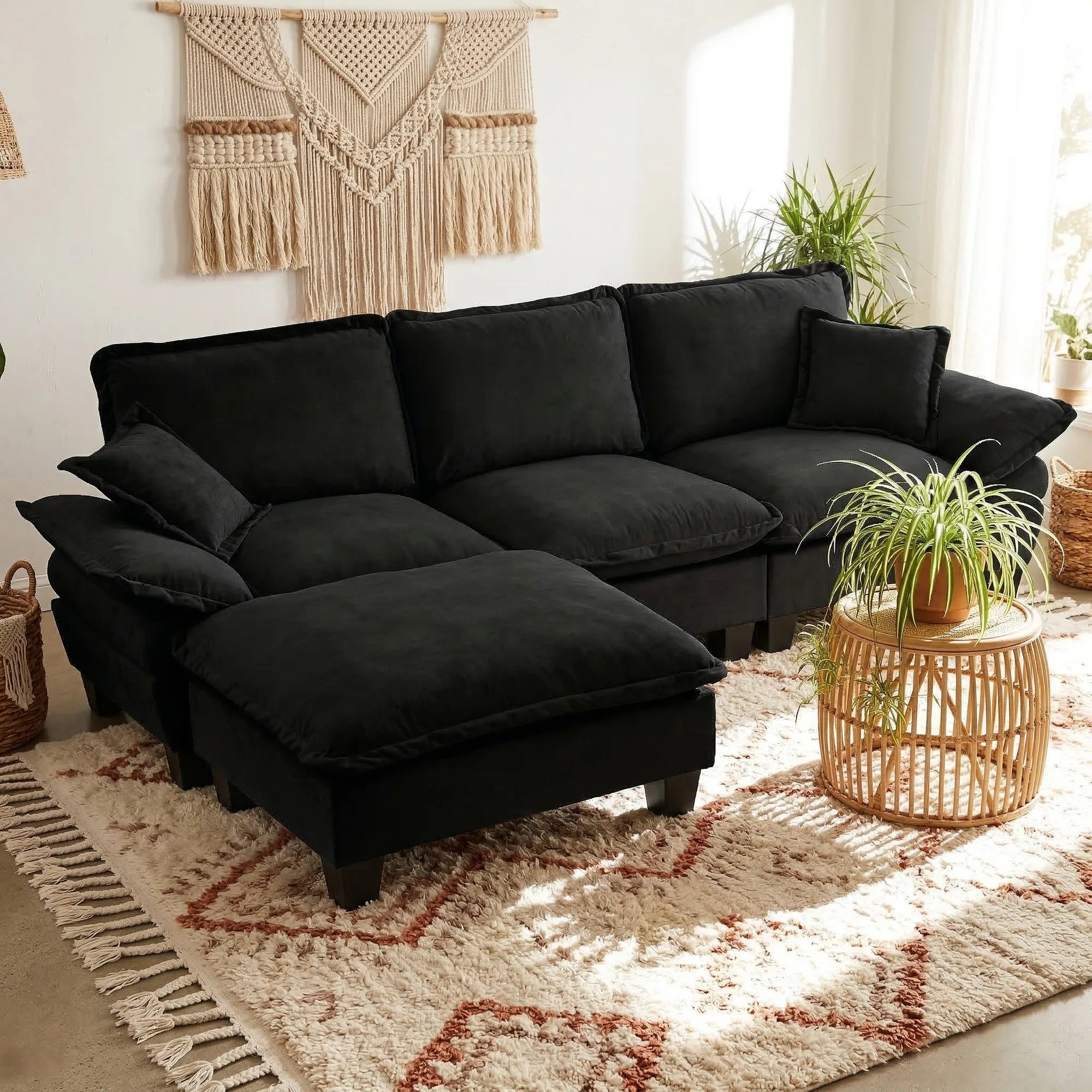 Modulares Ecksofa, L-förmige Cloud-Couch, Segelboot-Design, inklusive beweglichem Ottomane & 2 Kissen, Chenille-Bezug, Schwarz, 263 x 151 x 90 cm, für Wohnzimmer & Apartments, Lieferung in 4 Paketen