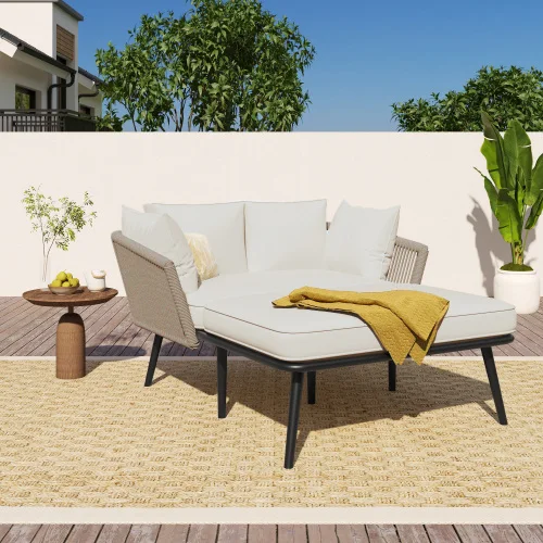 Canapé de jardin avec 2 coussins et 2 oreillers, transat d'extérieur, salon de jardin, ensemble de mobilier de balcon, mobilier de jardin, mobilier de terrasse, coussins déhoussables et lavables,